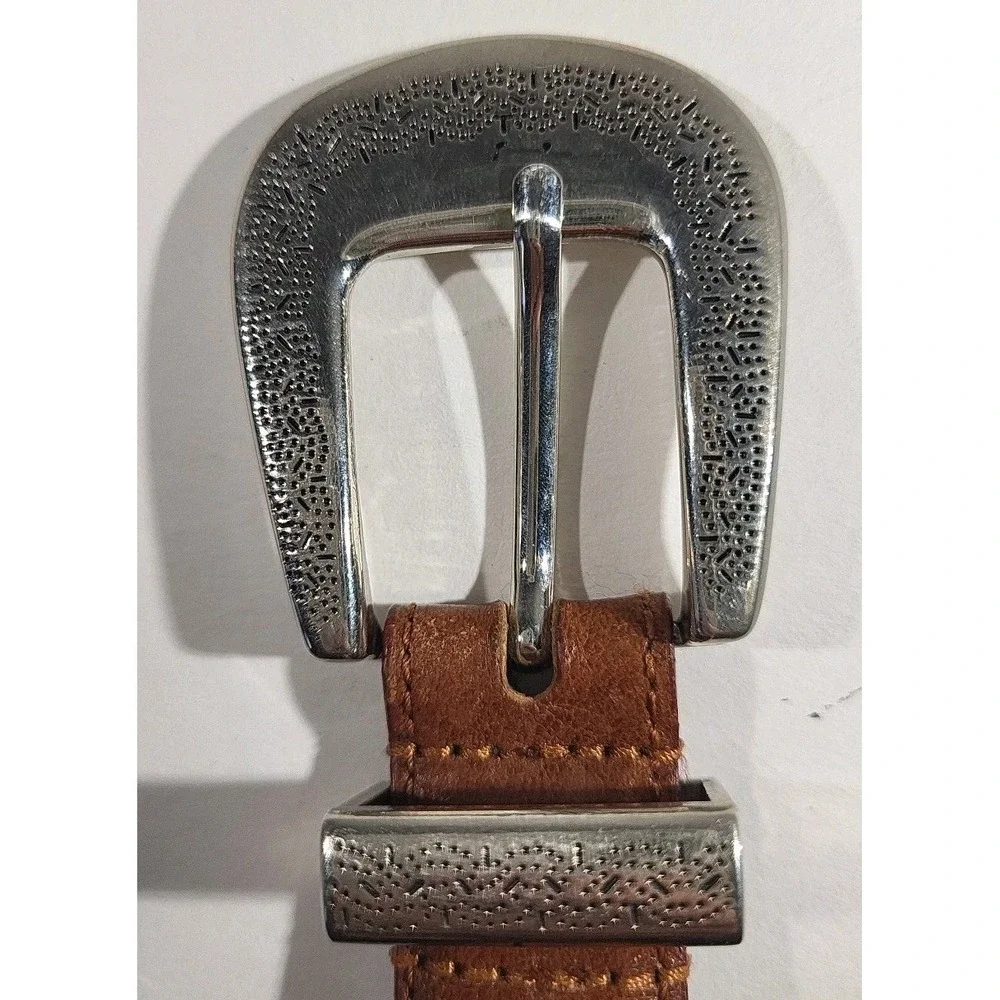 Brown Leather Belt 46 Silver‑Tone Buckle Medallions Western Unisex